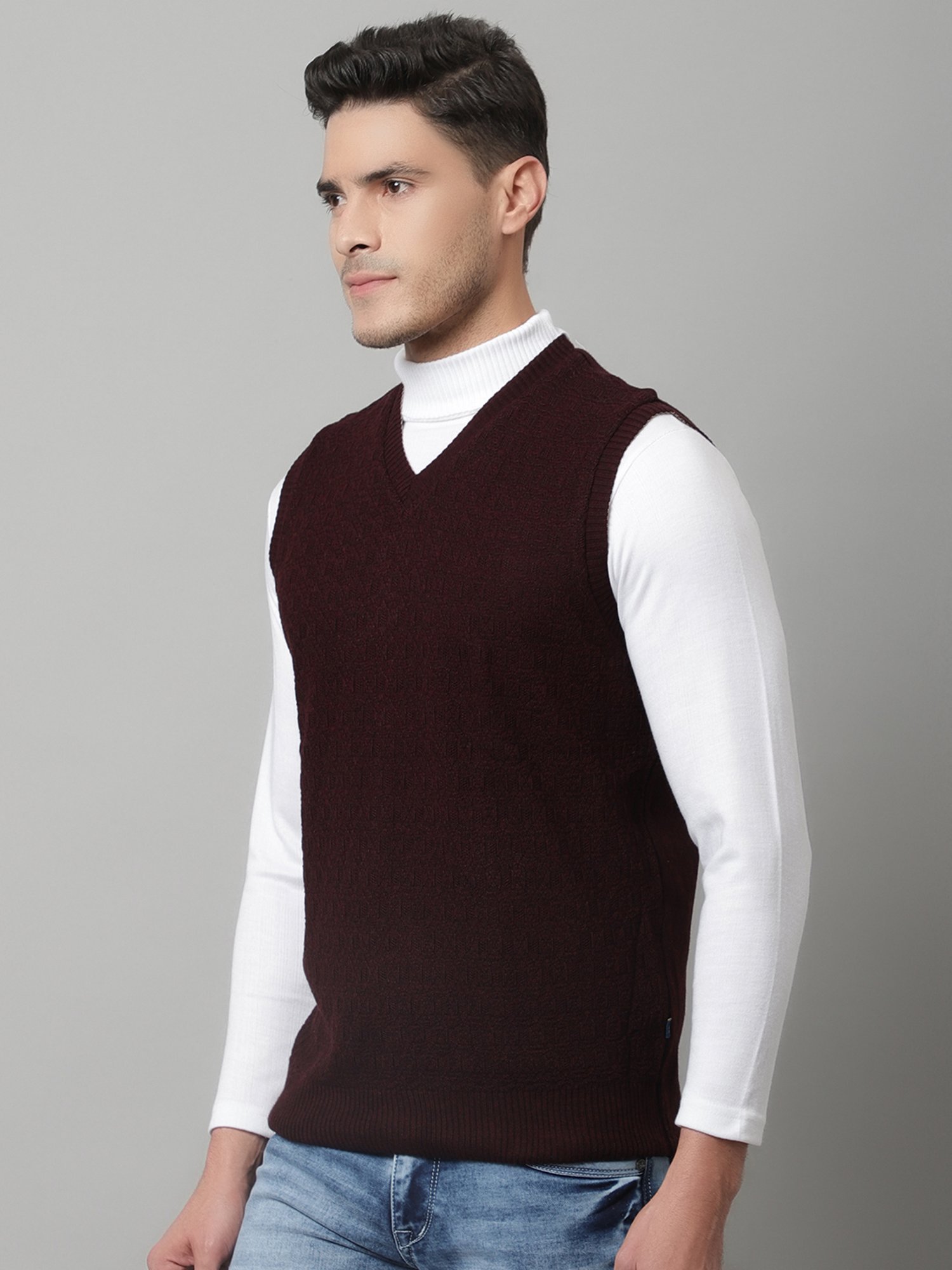 Cantabil Wine Regular Fit V Neck Reversible Sweater