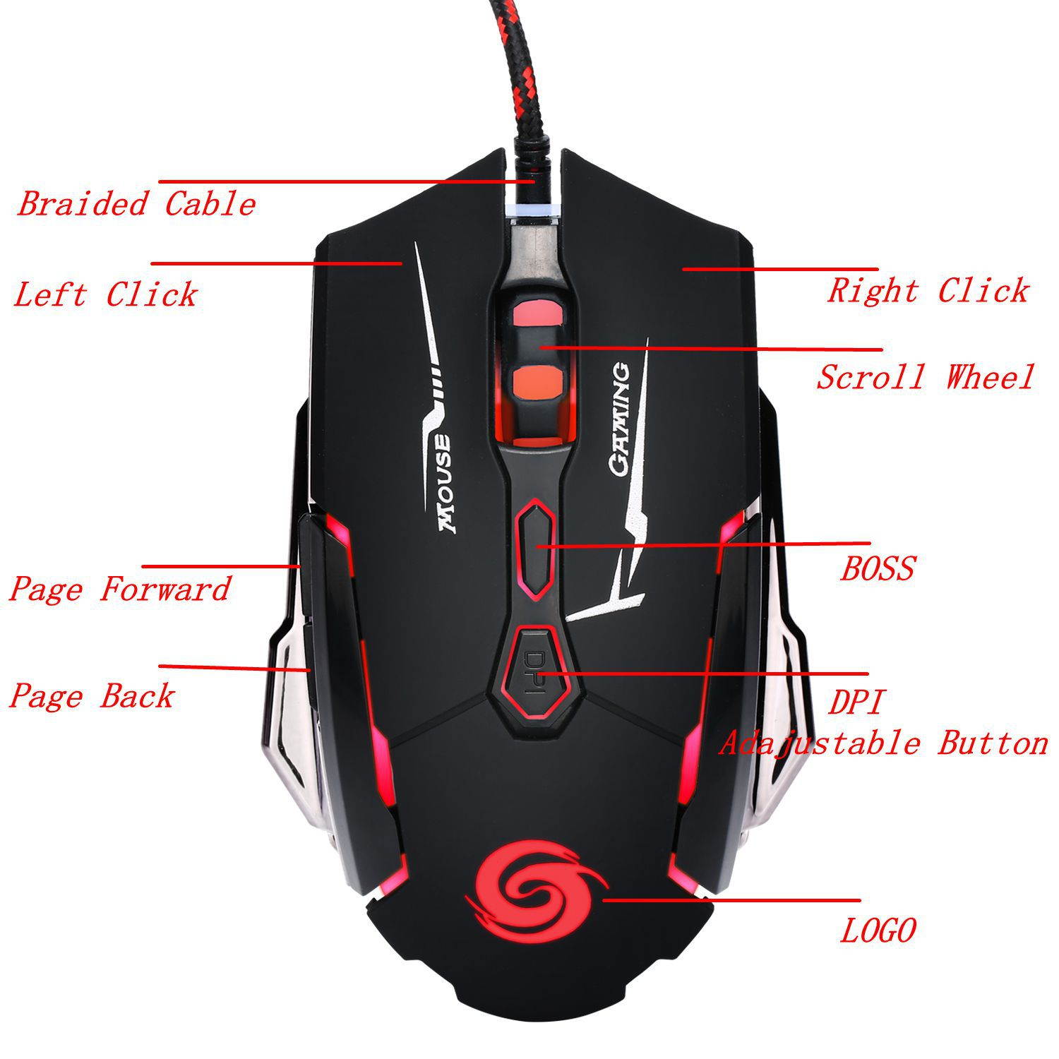 Optical Wired USB Gaming Mouse 7 Buttons With Four-mod Adjustable DPI for Computer Games FW1S