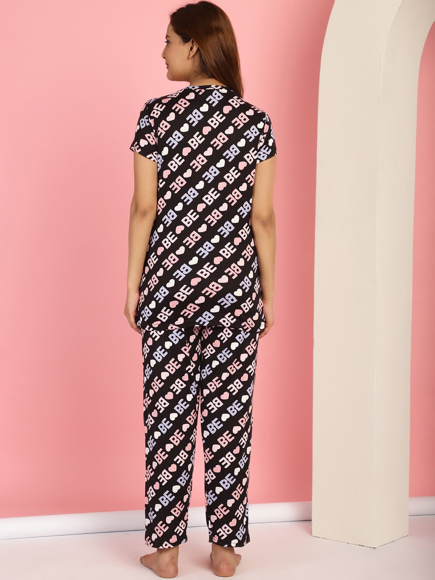 Gracit Black Cotton Printed Top With Pyjamas