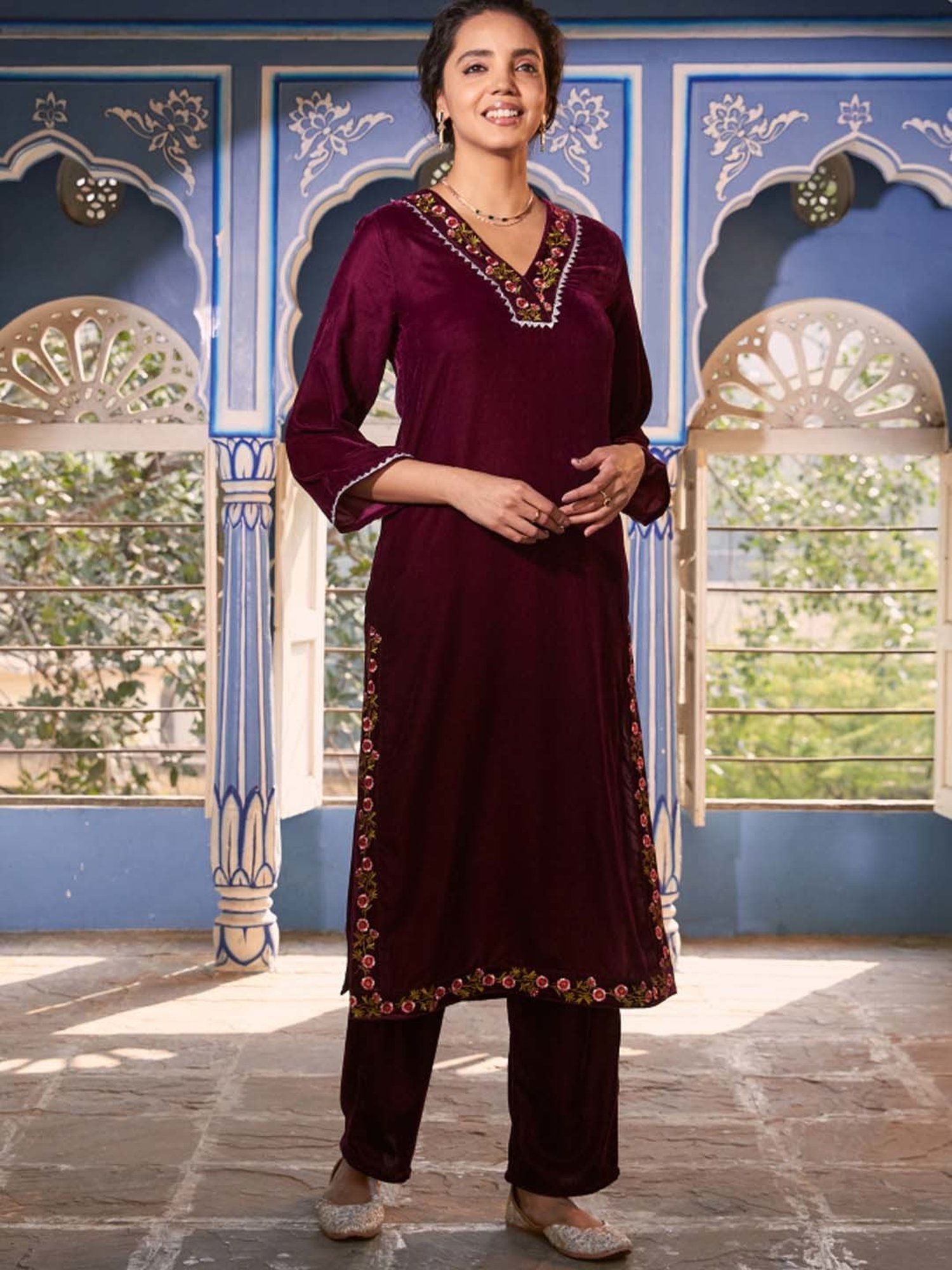 Rustorange Pink Embroidered Straight Kurta
