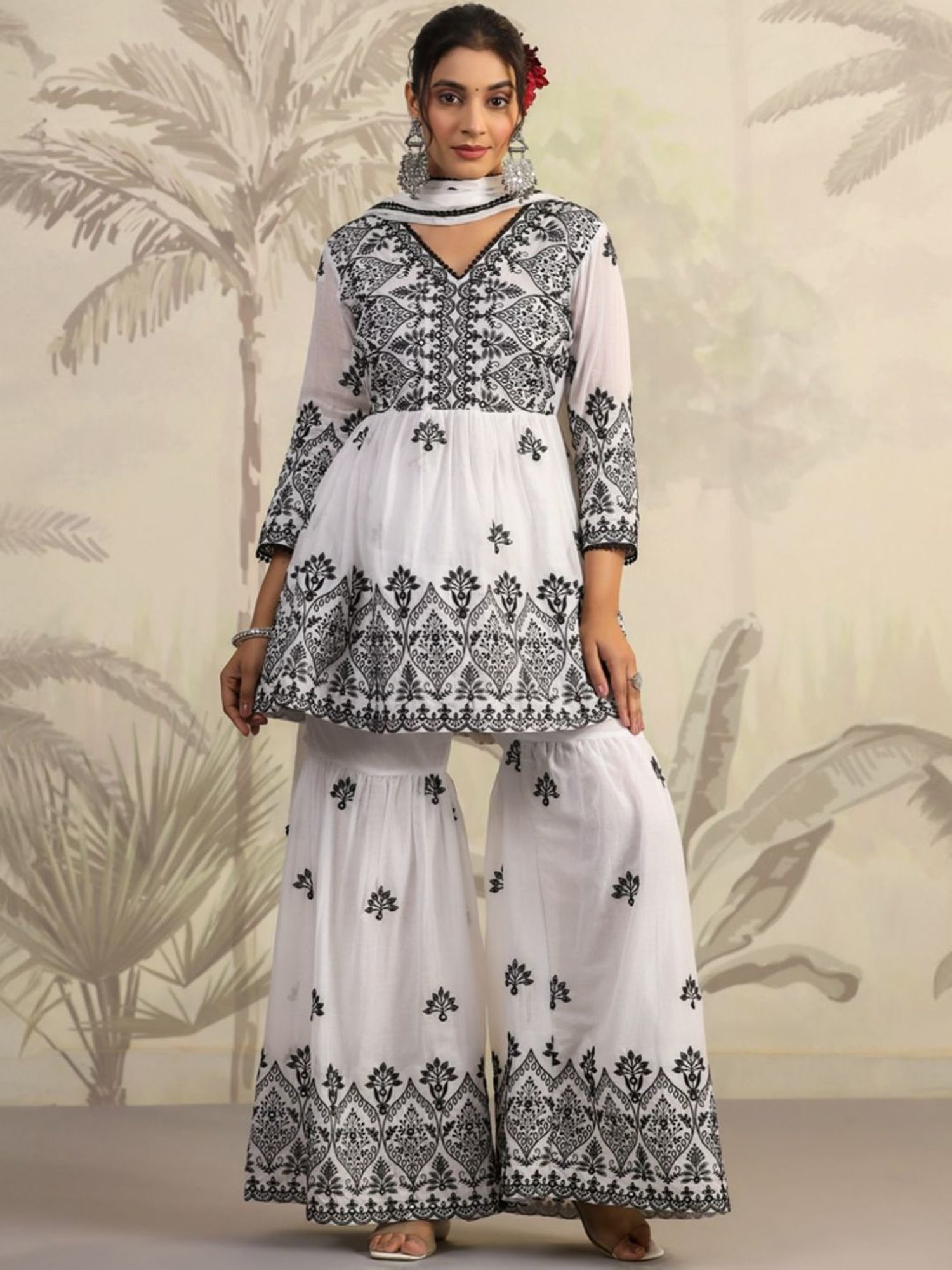 SCAKHI White Mulmul Sequin And Mirror Embroidered Peplum Kurta With Sharara And Dupatta