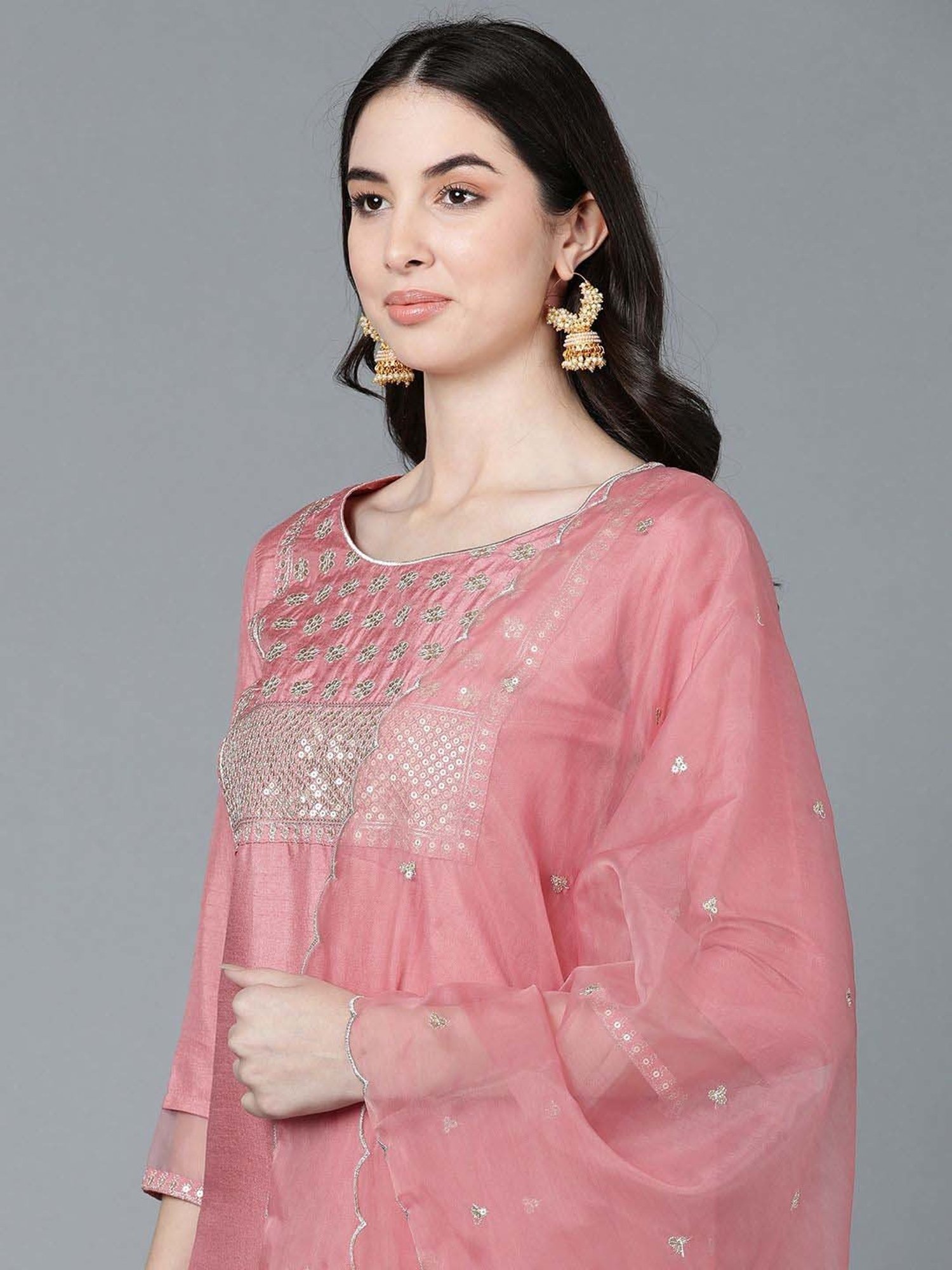 Vaamsi Pink Embellished Kurta Pant Set With Dupatta