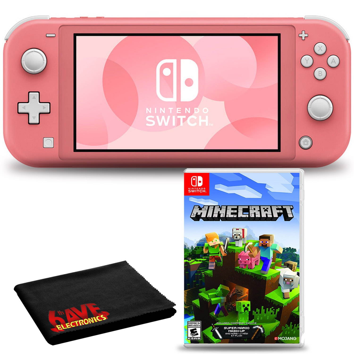 Nintendo Switch Lite (Coral) Bundle with Minecraft and 6Ave Cleaning Kit