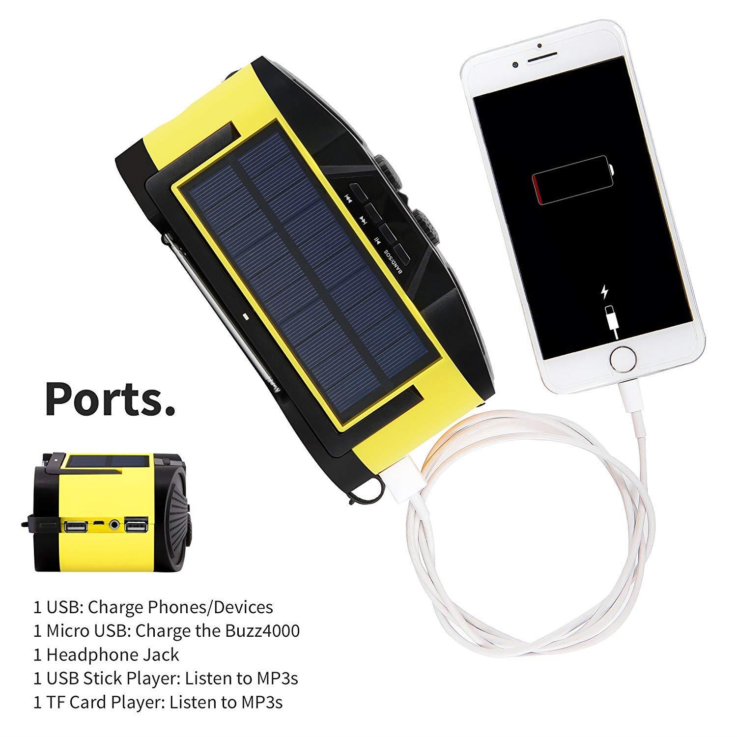 Emergency Weather Radio 4000mAh - Portable, Solar or Battery Powered, Hand Crank, AM FM NOAA Weather Stations, USB Cell Phone Charger, SOS Alarm, LED Flashlight & Reading Light Radio - Buzz4000