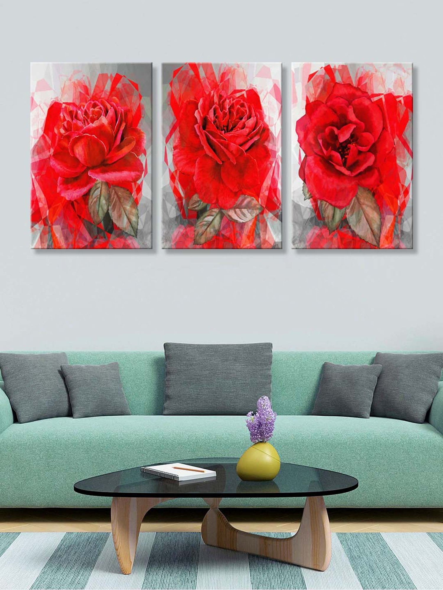 999Store Red & Grey Roses Art 3 Frame Canvas Paintings