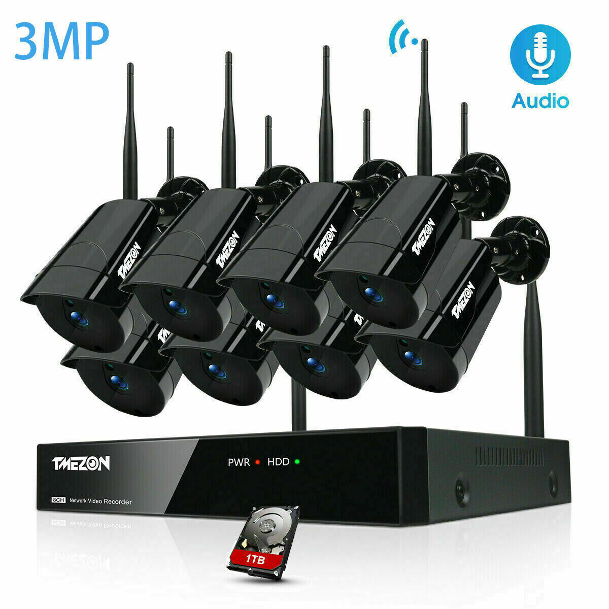 TMEZON Audio 2MP Wireless Security Camera System, 8CH Indoor Outdoor Video Surveillance NVR Systems with 2TB Hard Drive, 8Pcs 1080P Home WiFi IP Cameras, P2P, Waterproof, Night Vision, Remote Access