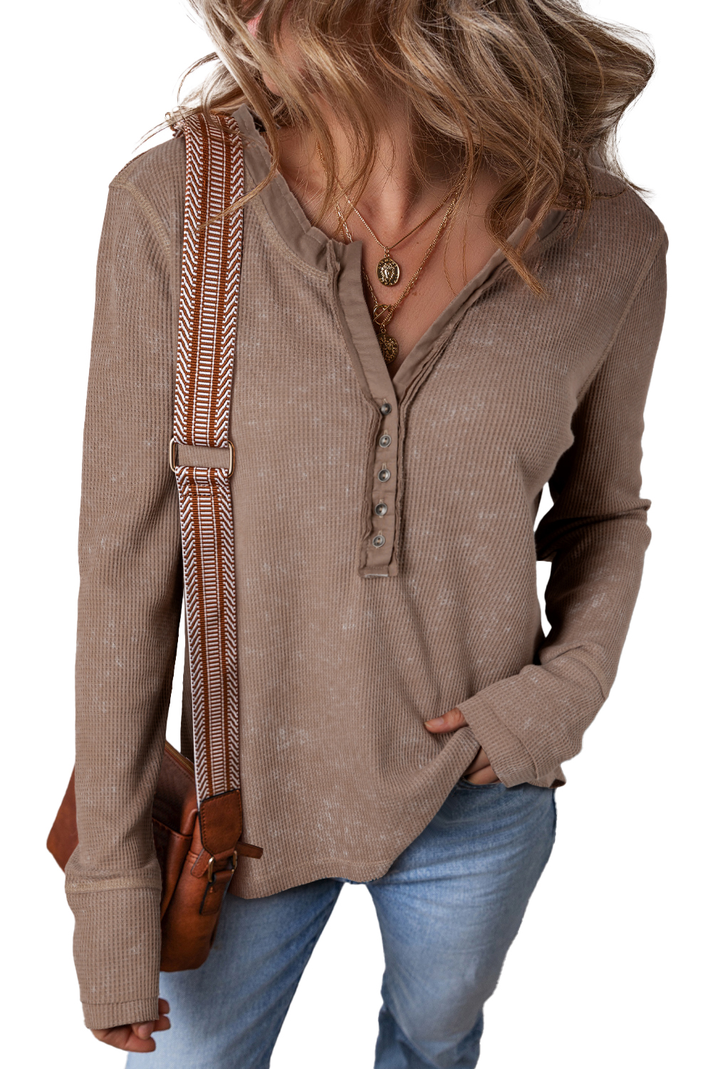 Coffee Button V Neck Waffle Knit Top