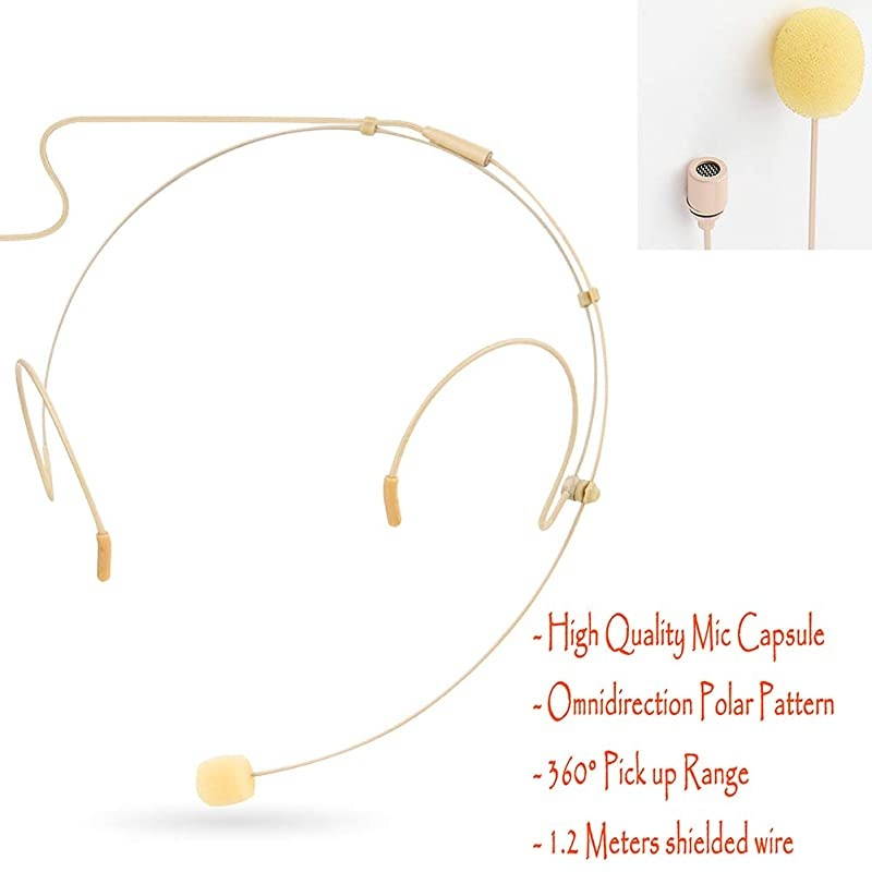 Microphone Headset Discreet Headworn Earset Over Ear Mic for Wireless System Bodypack Transmitter, Ideal for Lectures, Live Performance, Theater, Podcasts &ndash; Beige