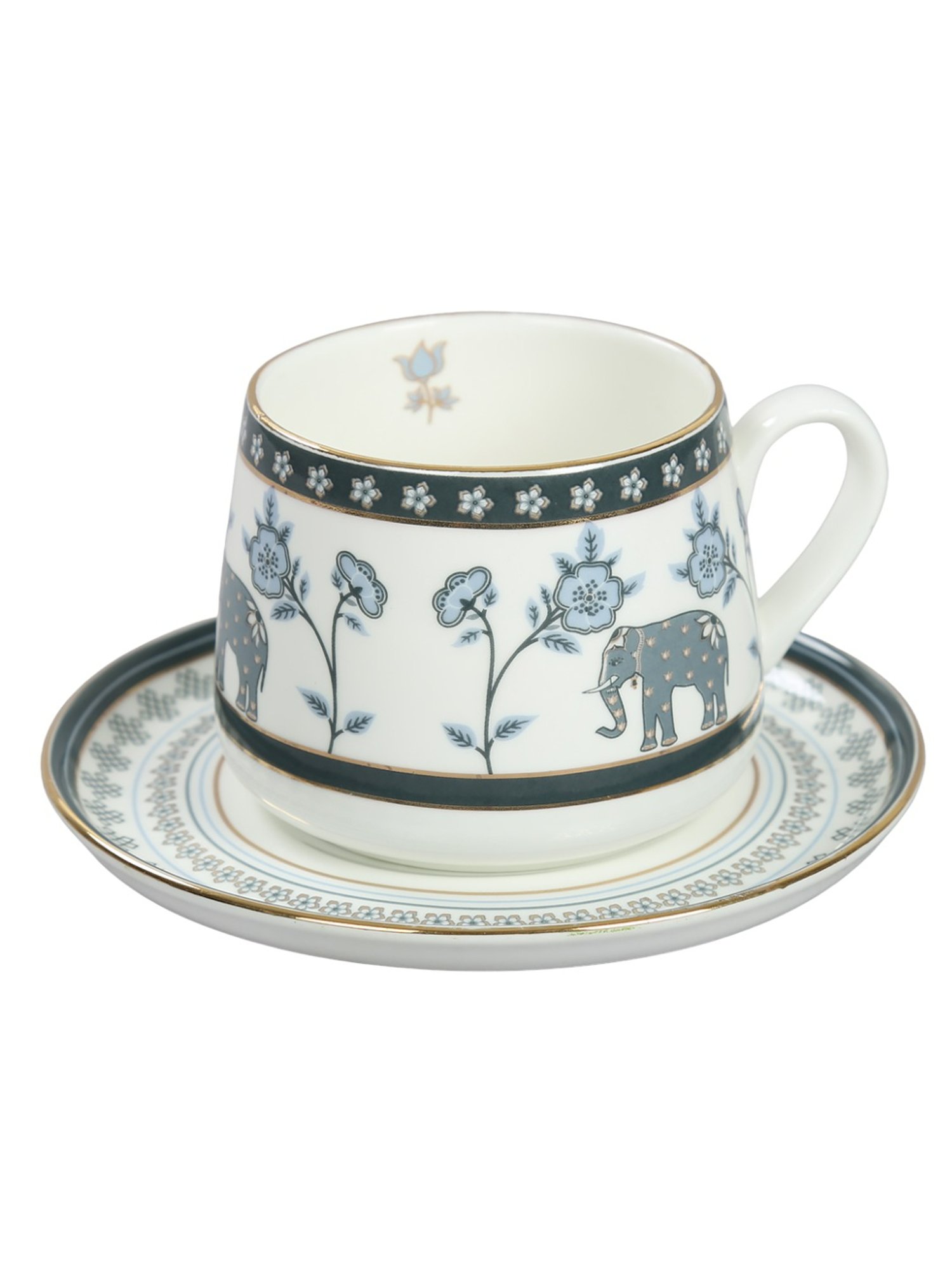 India Circus Abstract White Bone China Cup Saucer Set (Set of 8) Accented With 22 Carat Gold