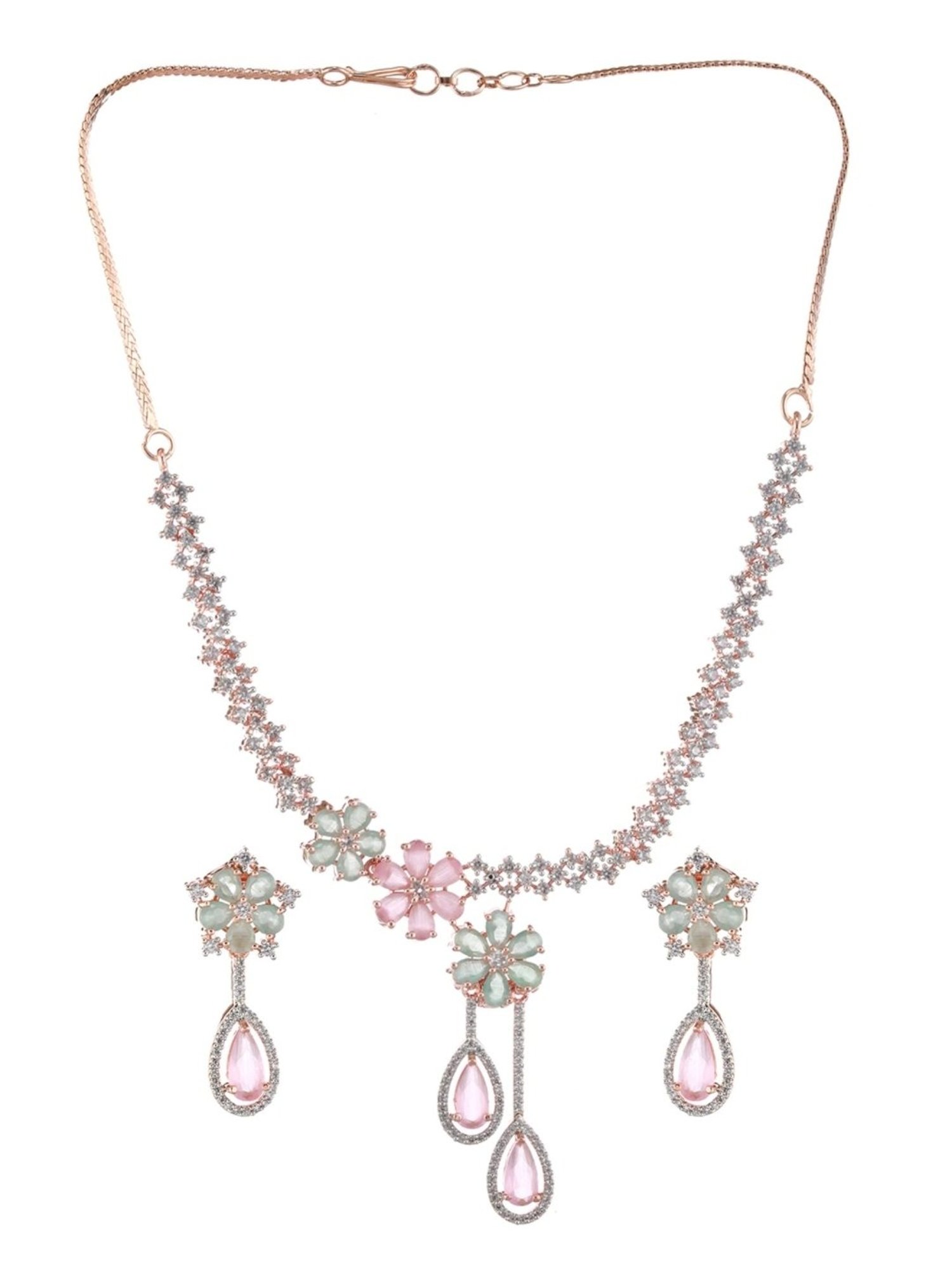 Aatmana Rose Gold-Plated Multi AD Studded Necklace & Earring Set