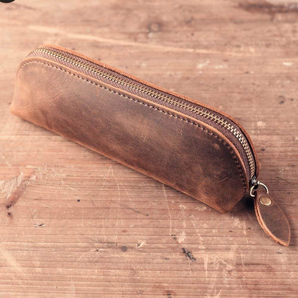 SAIBANG Vintage Leather Pencil Case with Zipper, Handmade Genuine Leather Stationery Art Supplies College Office Pencil Holder Pen Case Pouch Unisex