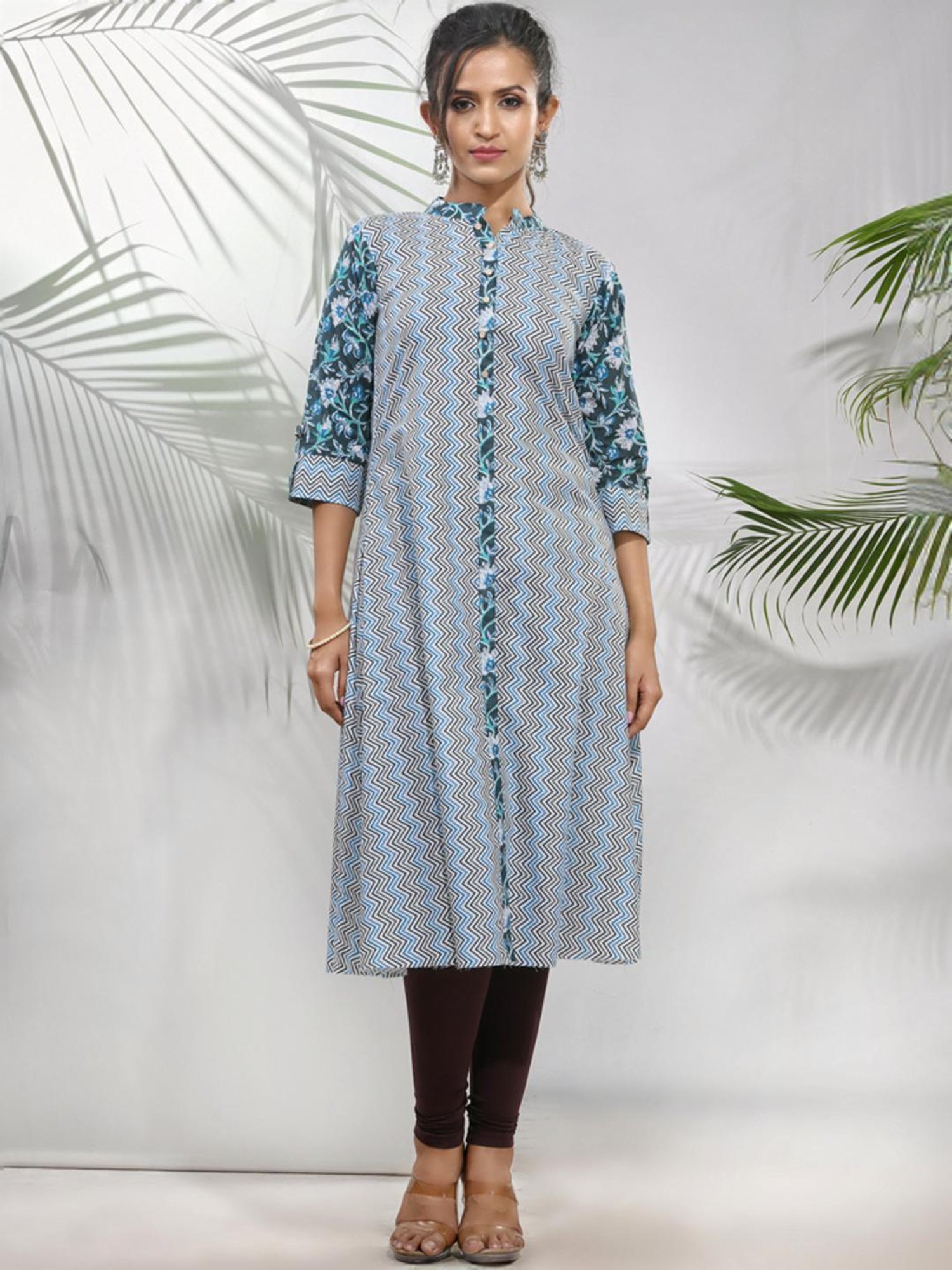 CHARUKRITI Blue Cotton Printed A Line Kurta