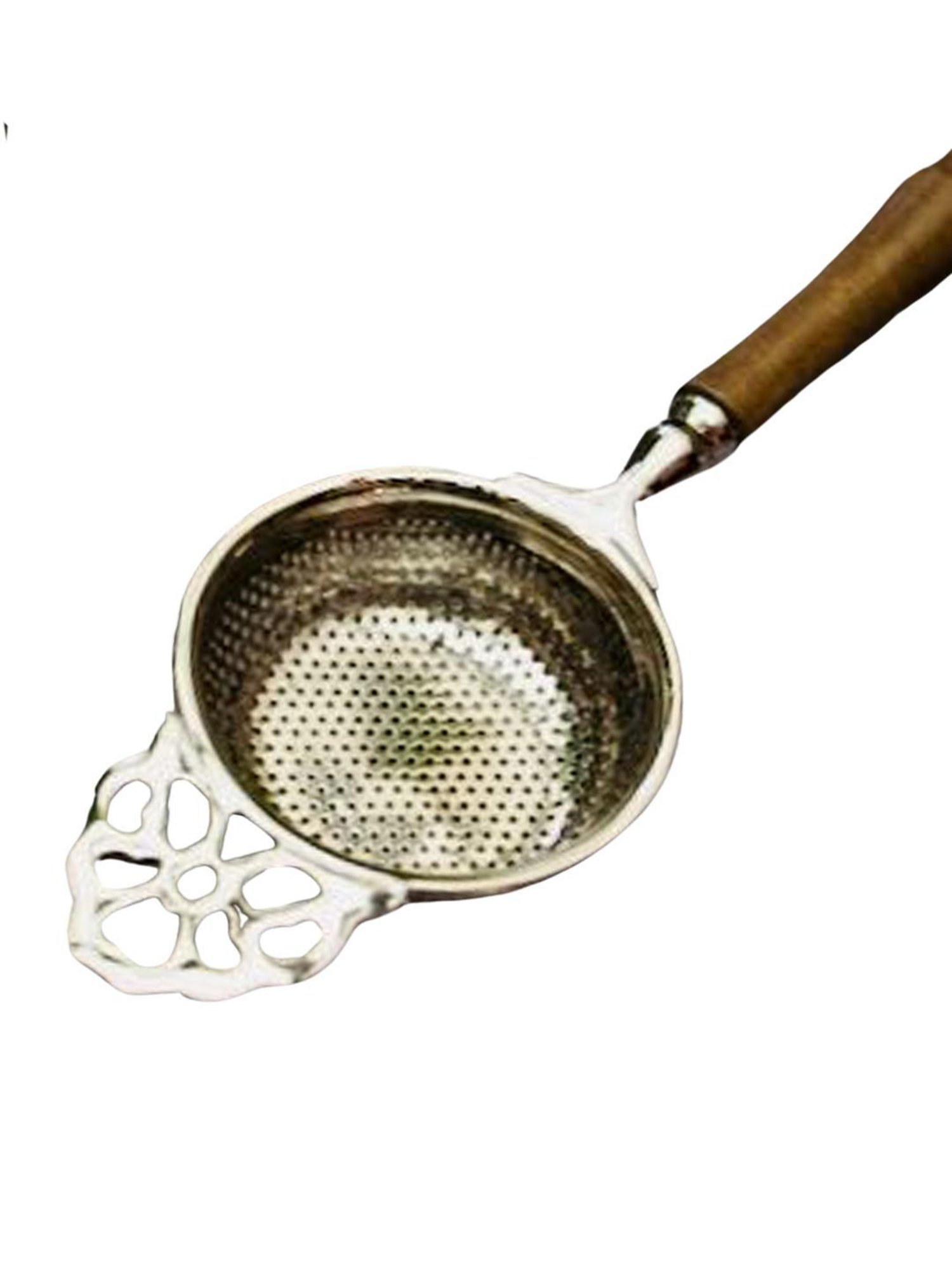 Ambi Pure Brass Punched Flower Medium Sized Tea Strainer - Steel Matte Finish With Wooden Handle