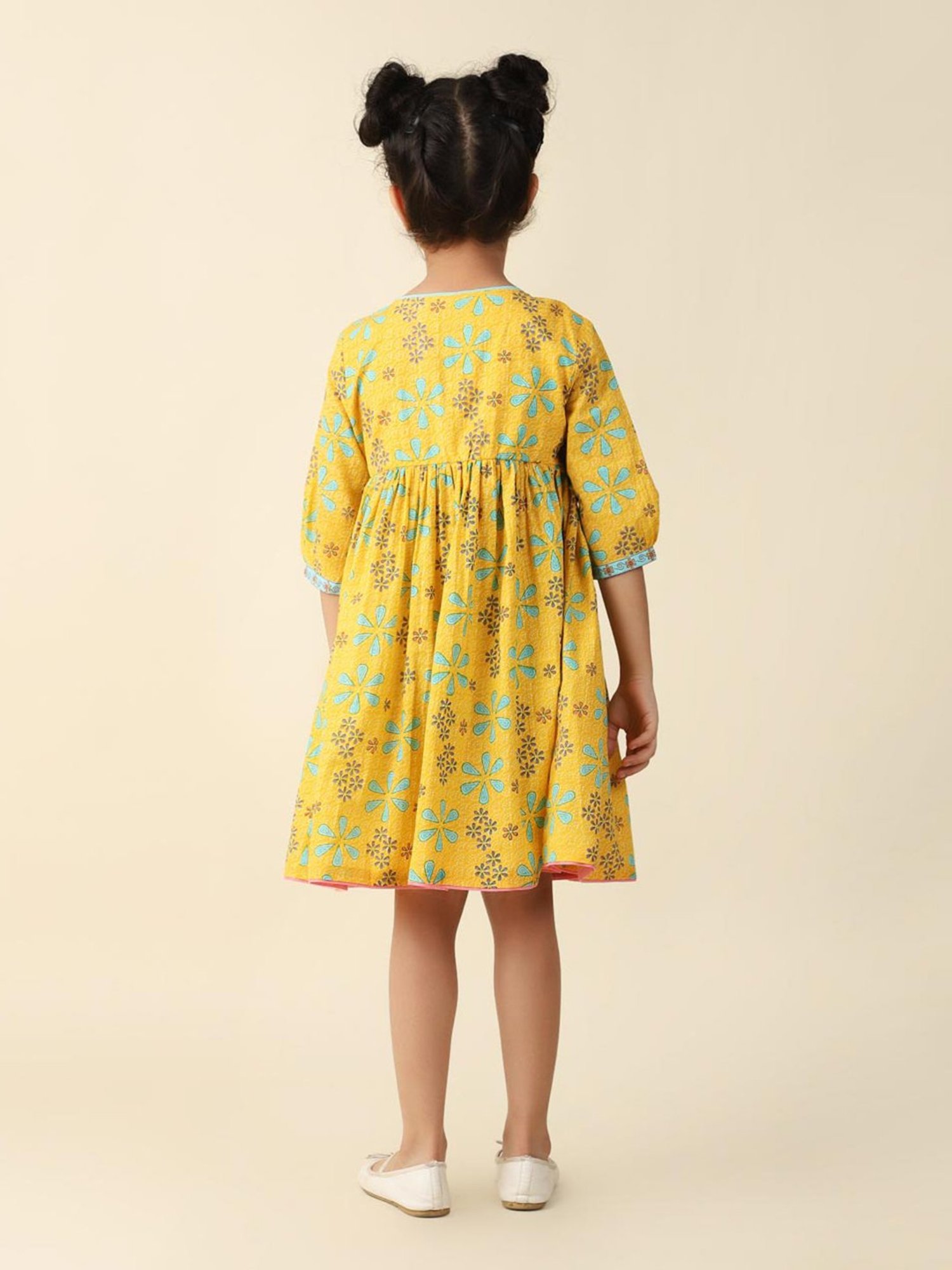 Fabindia Kids Yellow Floral Print Dress