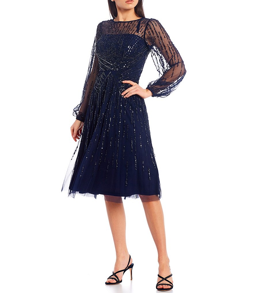 Adrianna Papell Beaded Balloon Long Sleeve Boat Neck A-Line Dress