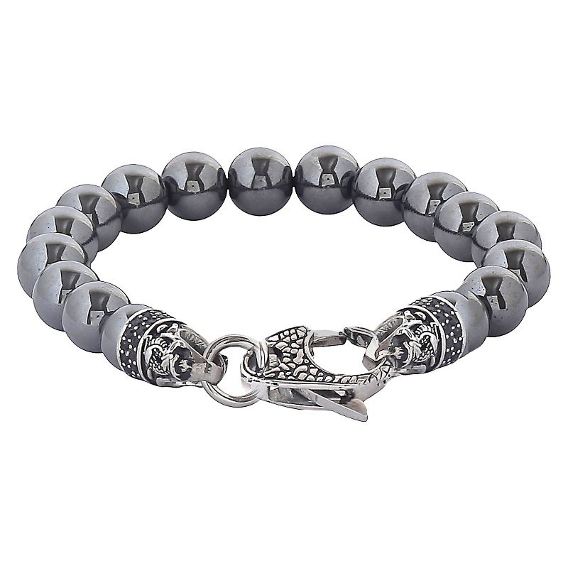 Men's Crucible Stainless Steel Dragon with Polished Hematite Onyx Beaded Bracelet