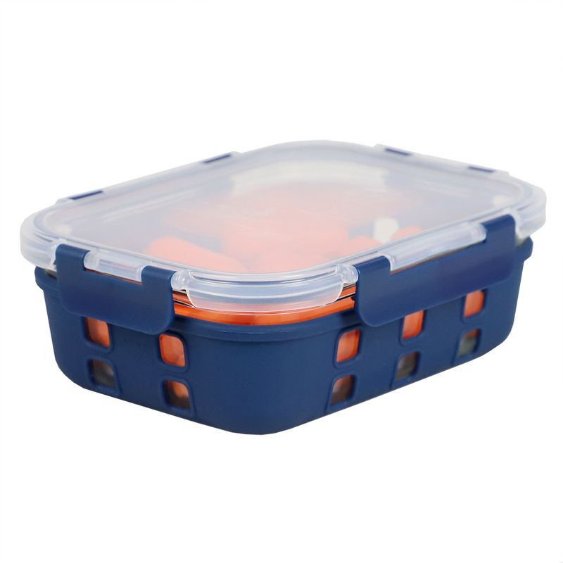 Michael Graves Design Rectangle Large 35 Ounce High Borosilicate Glass Food Storage Container with Plastic Lid, Indigo