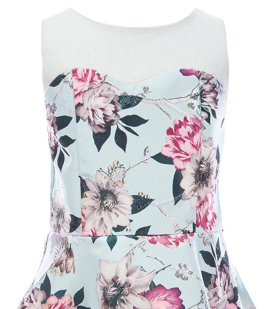 Rare Editions Big Girls 7-16 Illusion Floral Metallic Jacquard Fit-And-Flare Dress
