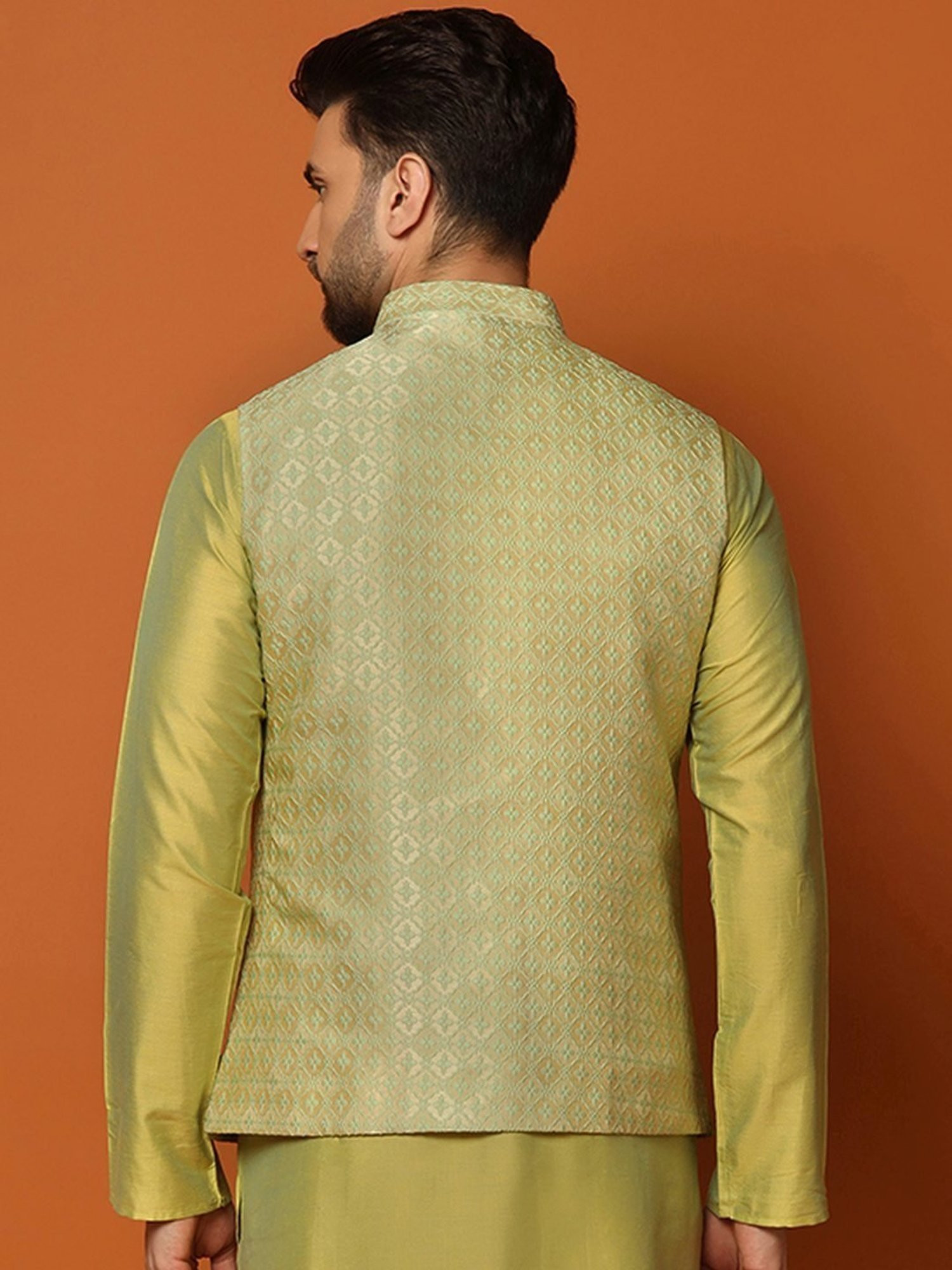 KISAH Green Regular Fit Self Pattern Nehru Jacket