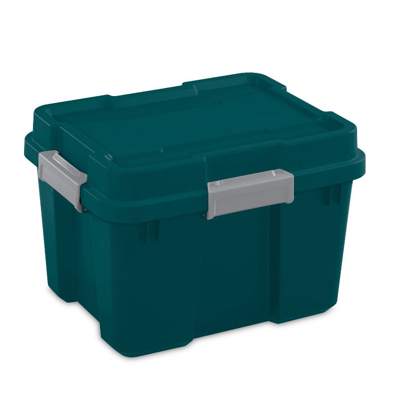 Sterilite 20 Gallon Heavy Duty Plastic Gasket Tote Stackable Storage Container Box with Lid & Latches for Home Organization, Teal Rain/Gray (4 Pack)