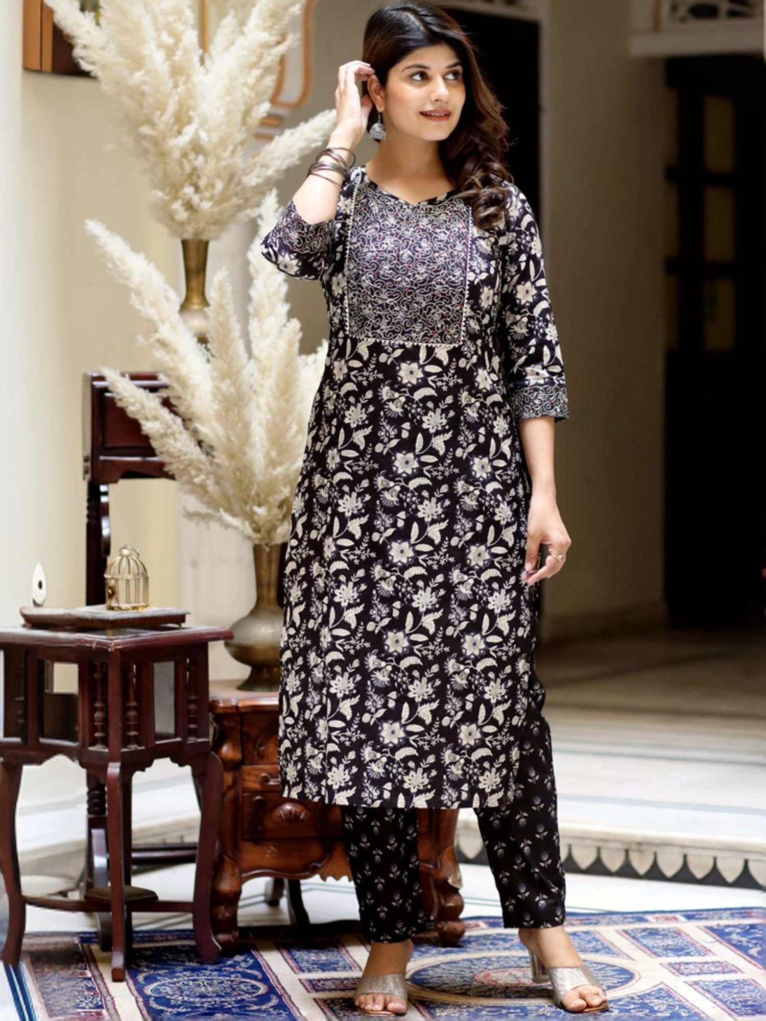 Miravan Black Cotton Embroidered Kurta Pant Set