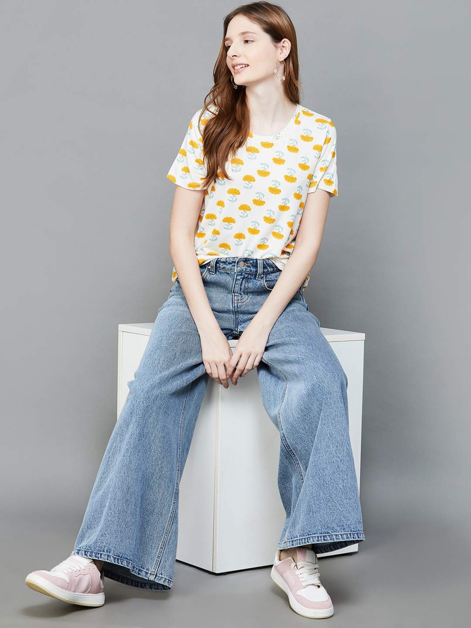 Colour Me by Melange Off-White Floral Print T-Shirt