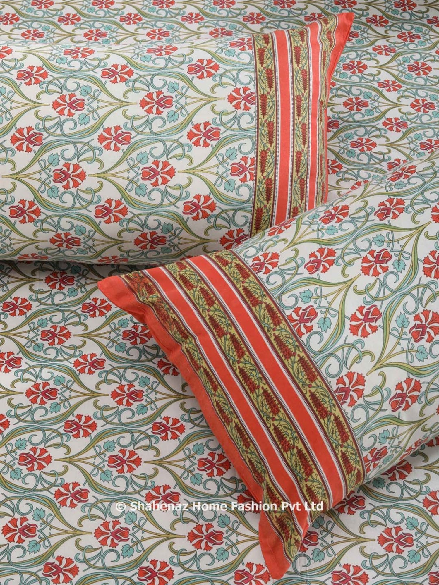 Shahenaz Orange & Green 120 TC Cotton Pine Jhaal Double Bedsheet with 2 Pillow Covers