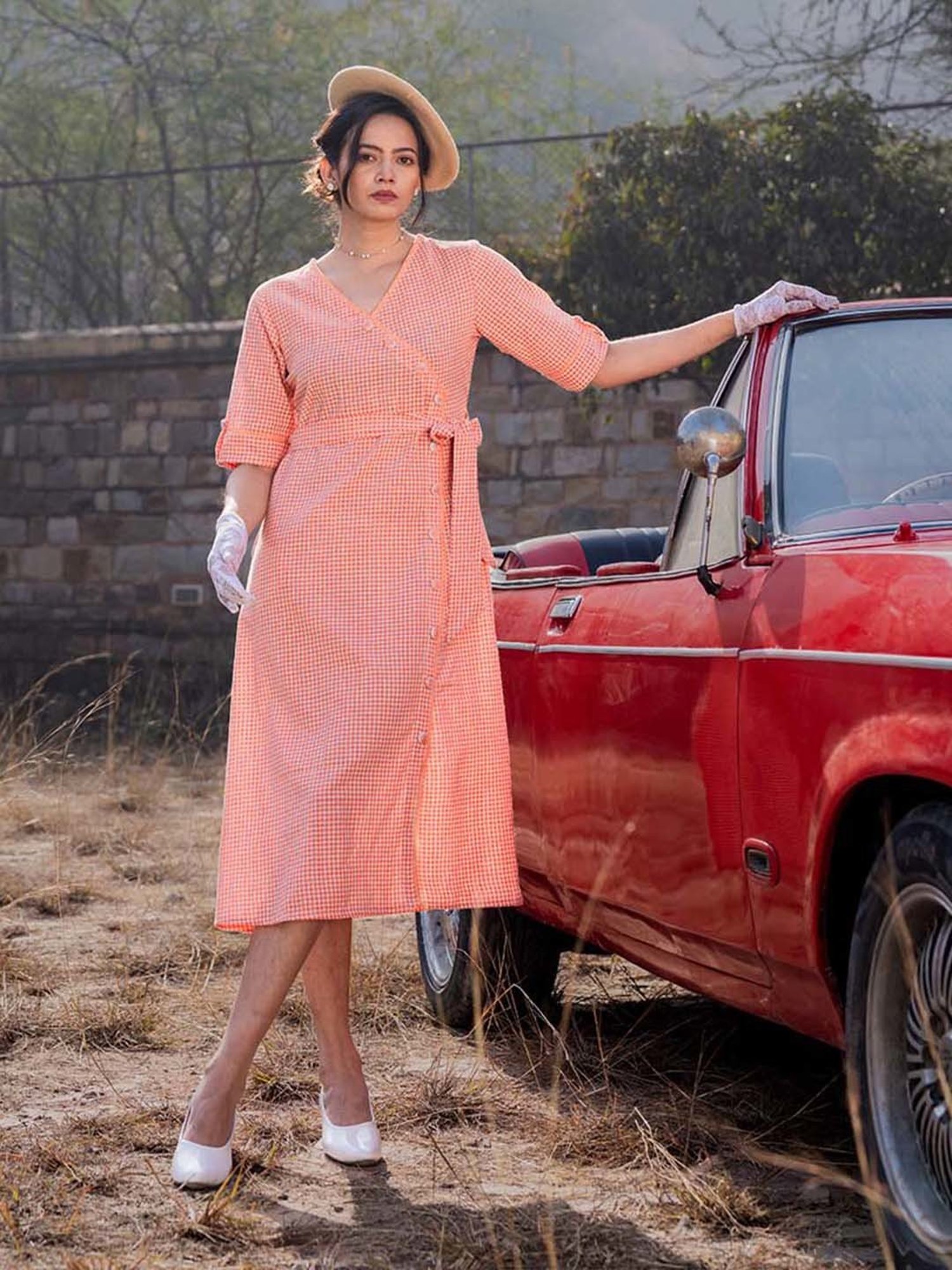 Yufta Orange Check Ethnic Dresses