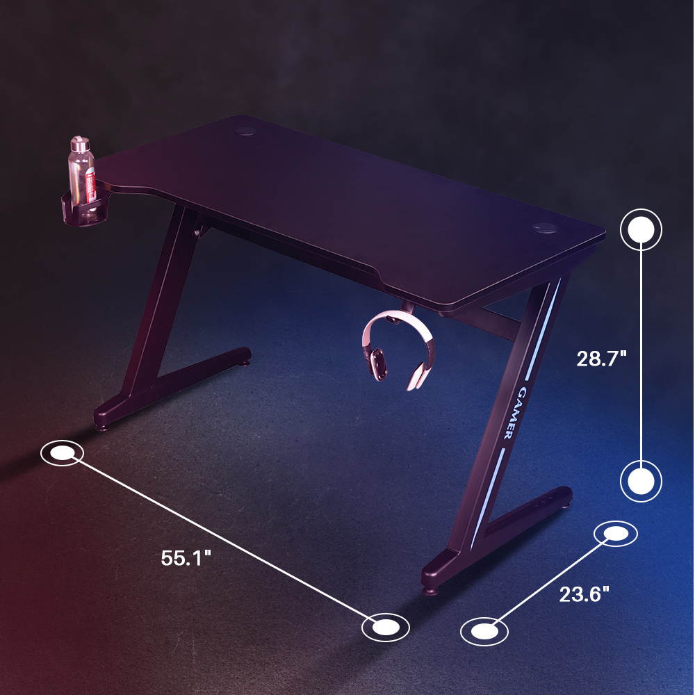 TROPRO Large Gaming Desk 55 Inch Computer Gaming Desk E-Sports Racing Table with with Cup Holder, Headphone Hook for Home Office, Black