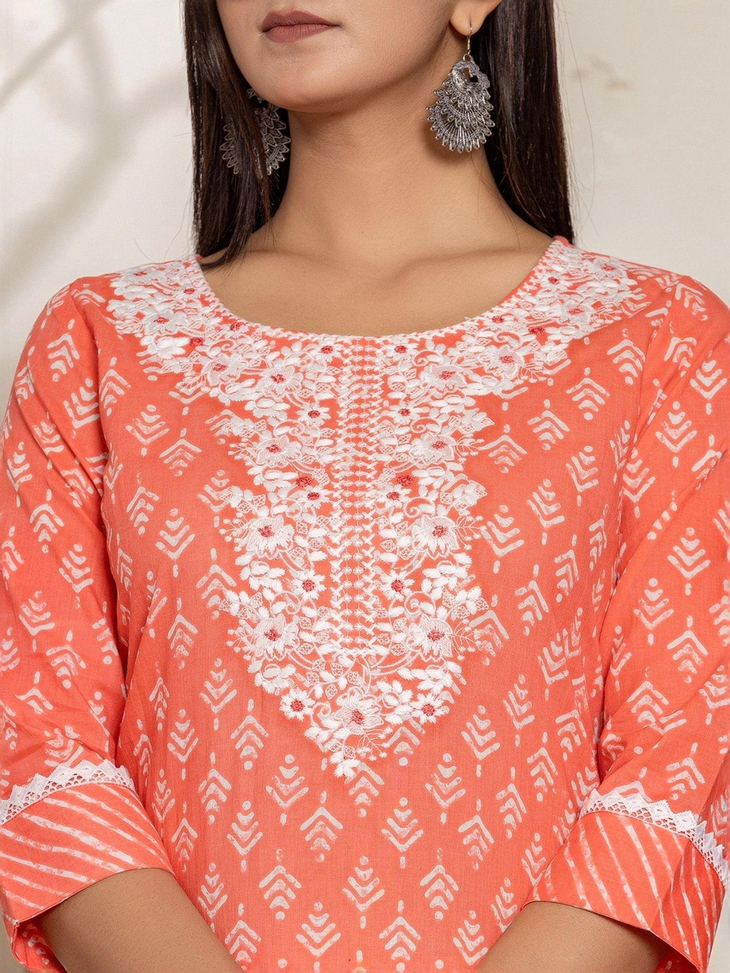 Yufta Peach Cotton Embroidered Kurta Pant Set With Dupatta