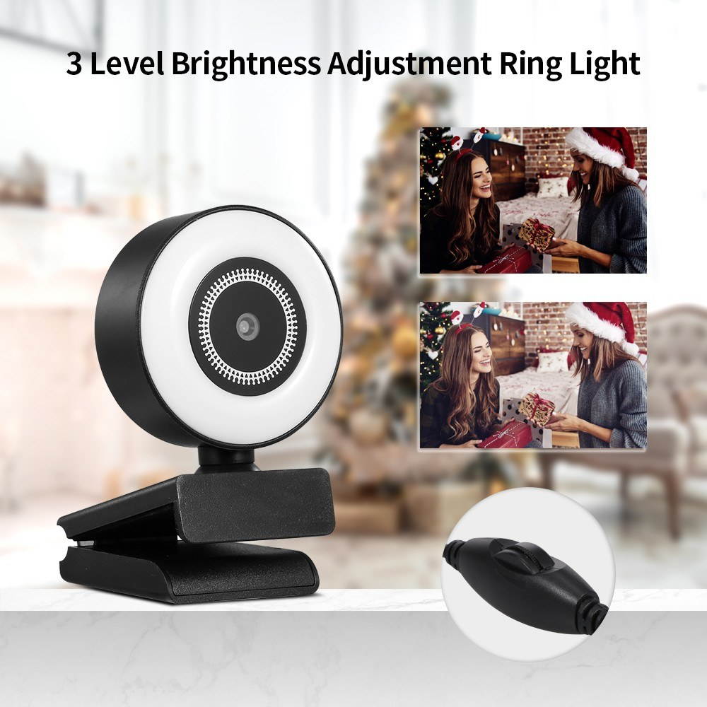 1080P HD Webcam with Ring Light Mini Autofocus Webcam Built in Microphone Webcam for Video/Live Streaming/Videoconferencing