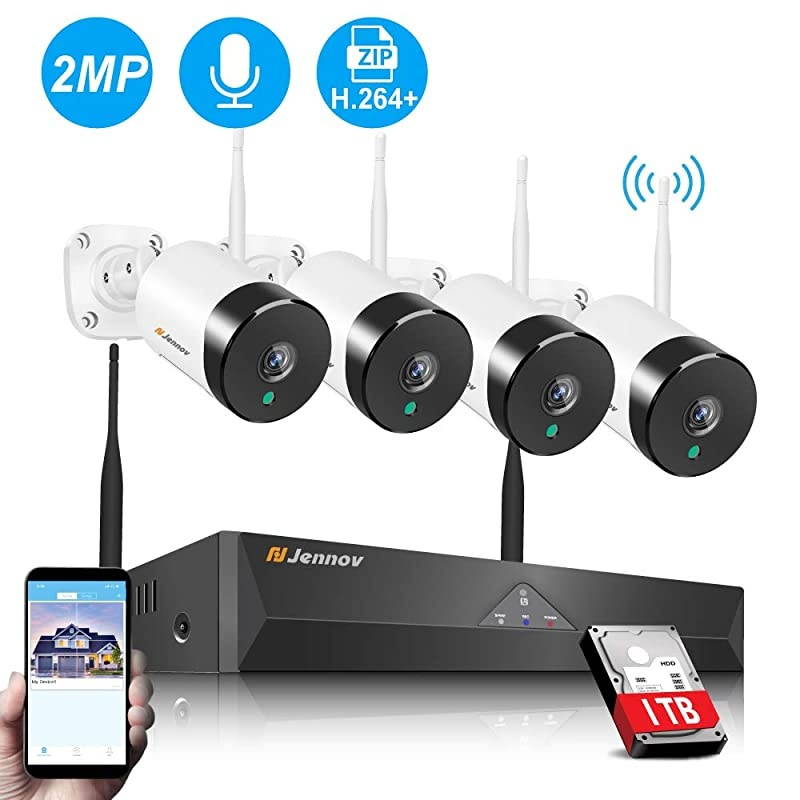 Wireless Security Camera System, Security Camera System Wireless with 4PCS HD 1080P(2.0 Megapixel) WiFi Indoor/Outdoor Bullet IP Camera,1TB HDD Pre-Install,Motion Detection Free App