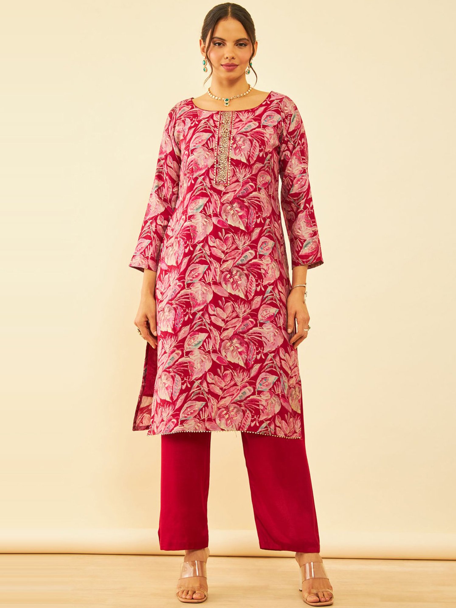Soch Red Floral Print Unstitched Dress Material