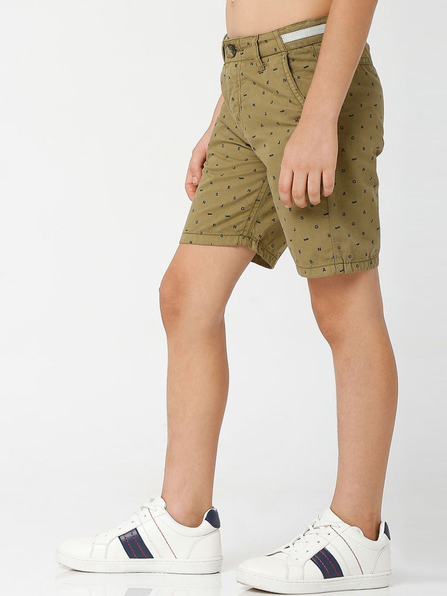 Gas Kids Olive Green Cotton Printed Shorts