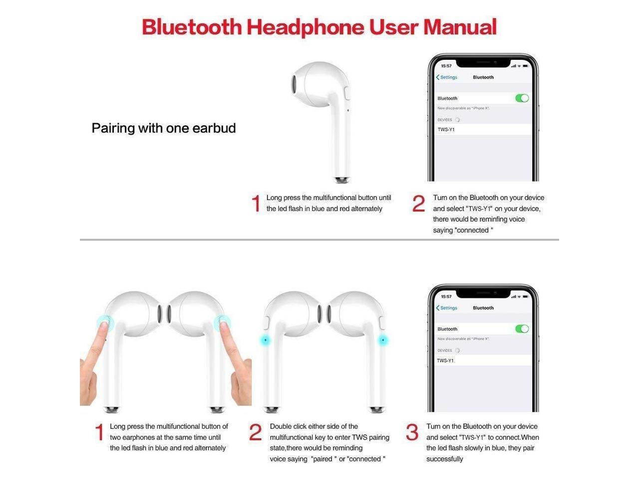 Wireless Earbuds Bluetooth Headphones Stereo Earphone Built-In Mic with Charging Case Cordless Sport Headsets for AirPods iPhone X 8 7 plus 6 6s plus Android Samsung Galaxy