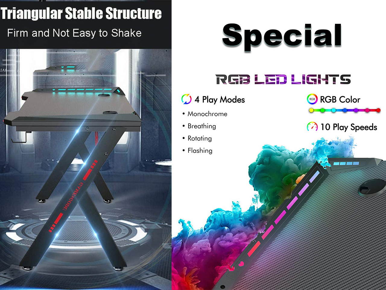 Gaming Desk, 55 Inch Gaming Table, PC Computer Workstation with LED RGB Lights, Headphone Hook and Cup Holder for Home, Black