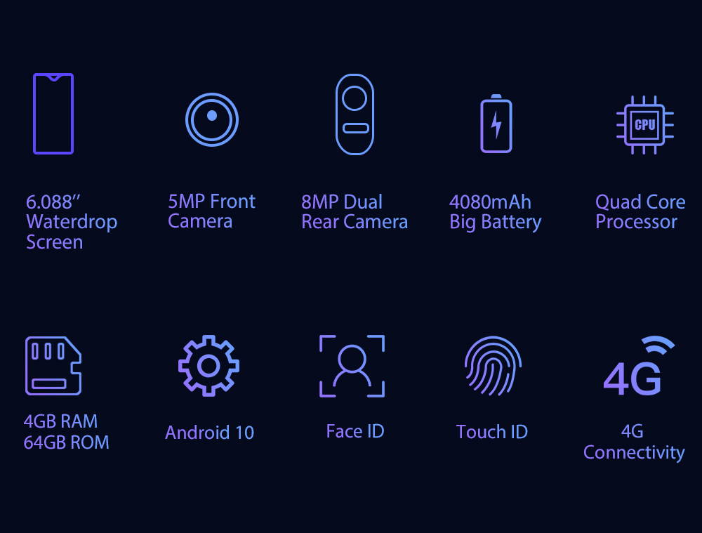 Blackview A60 Plus mobile, 4GB + 64GB, Quad Core, Android 10, 4080mAh, 4G, mobile phone with Water Drop Screen, Facial identification
