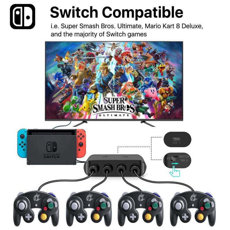 Wii U GameCube Controller Adapter 4 Ports Converter Connection Compatible with Nintendo Wii U Super Smash Bros Brawl and Dolphin PC Windows USB Black