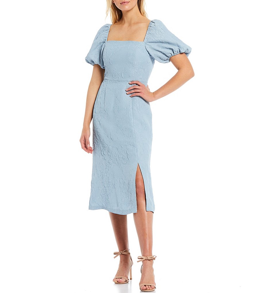Sachin & Babi Amber Square Neck Puff Sleeve Slit Hem Midi Dress