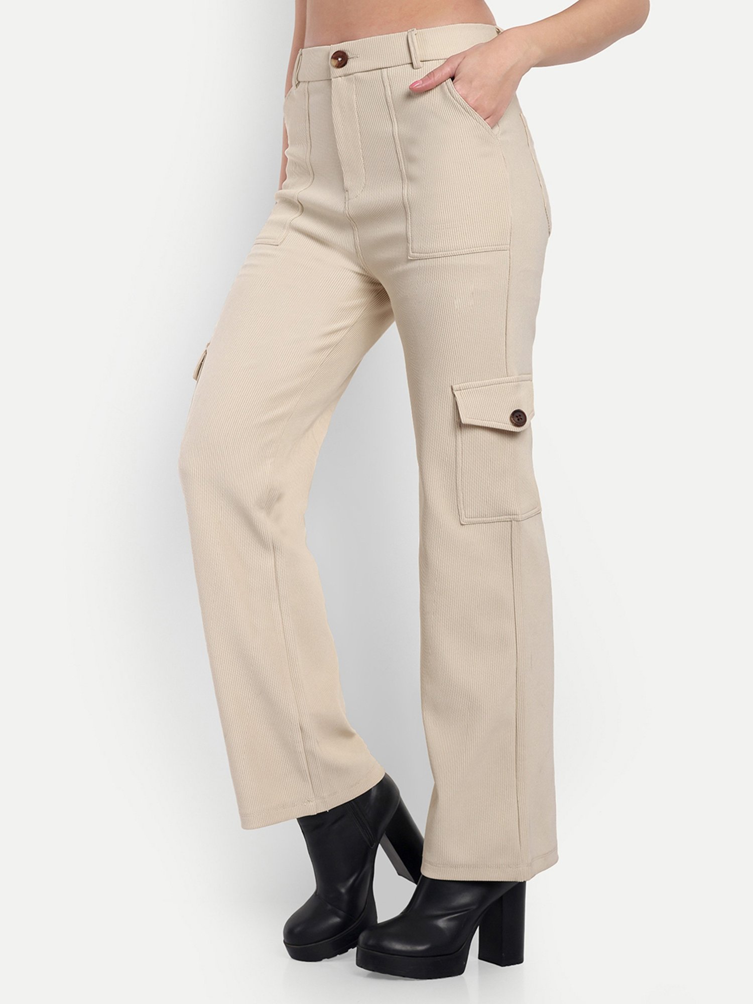 Broadstar Beige Straight Fit High Rise Cargo Pants