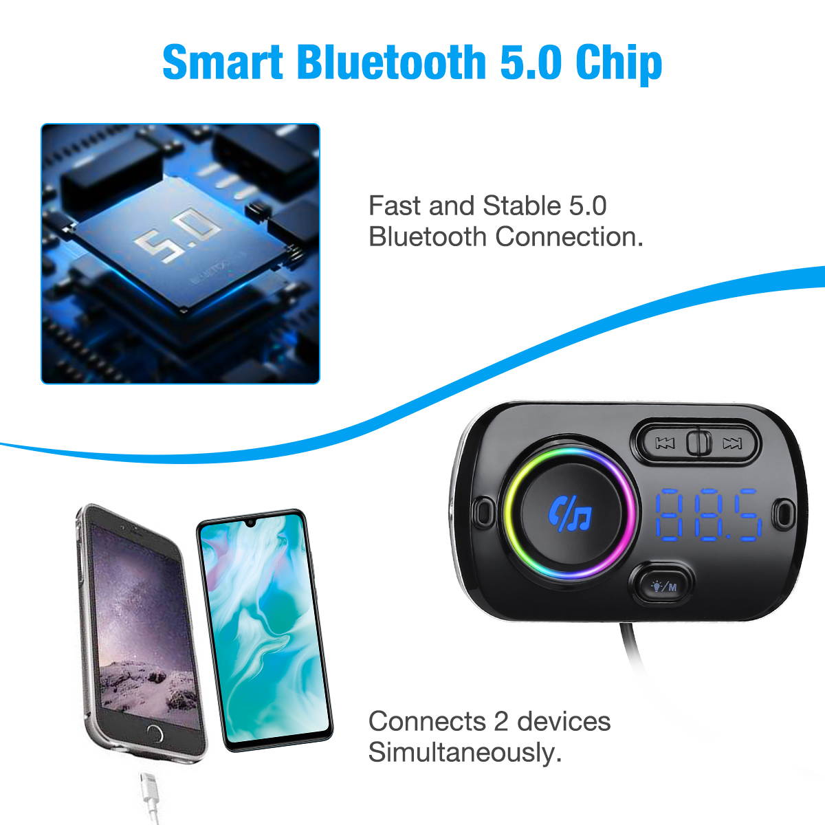 Bluetooth 5.0 Hands-Free Car Kits FM Transmitter AUX MP3 Player USB Fast Charging Charger for Smartphones Audio Players, Black