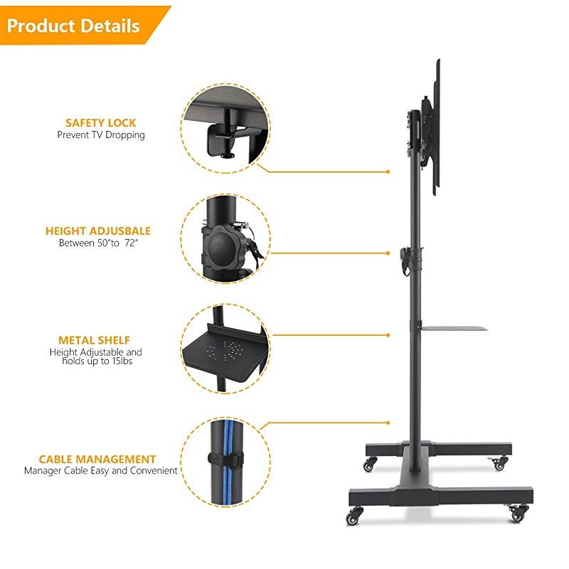 Mobile TV Cart with Wheels Rolling for Most 32 inch to 70 inch LCD LED OLED Plasma Flat Panel or Curved Screen TVs Height Adjustable Black TV Floor Stand with Tilt Mount and Laptop Shelf