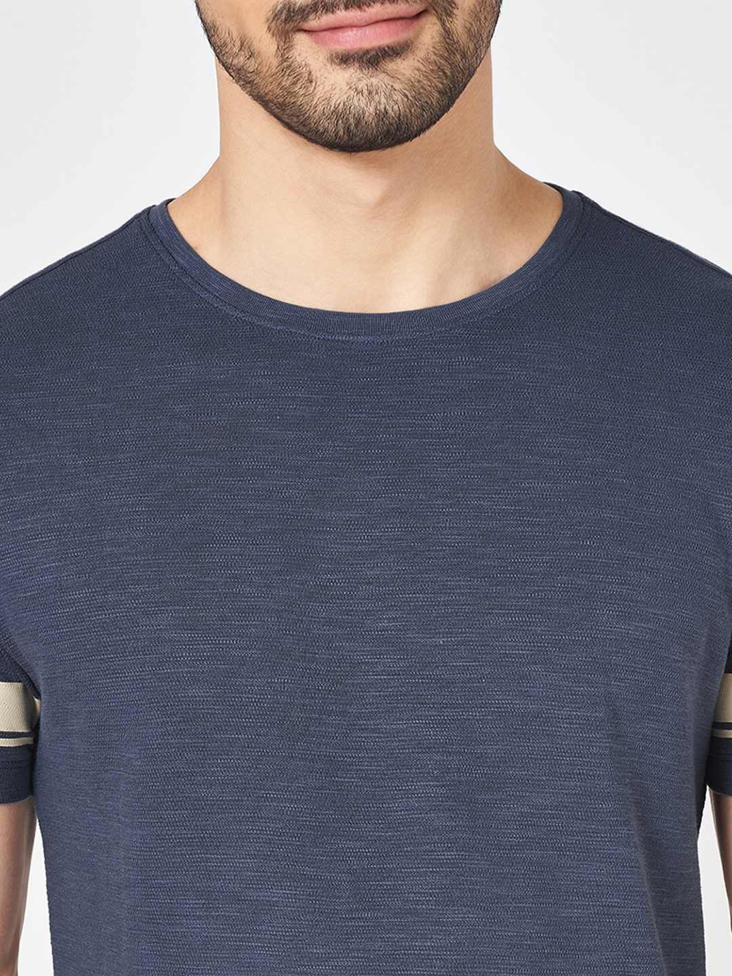 Urban Ranger By Pantaloons Blue Cotton Slim Fit Texture T-Shirt