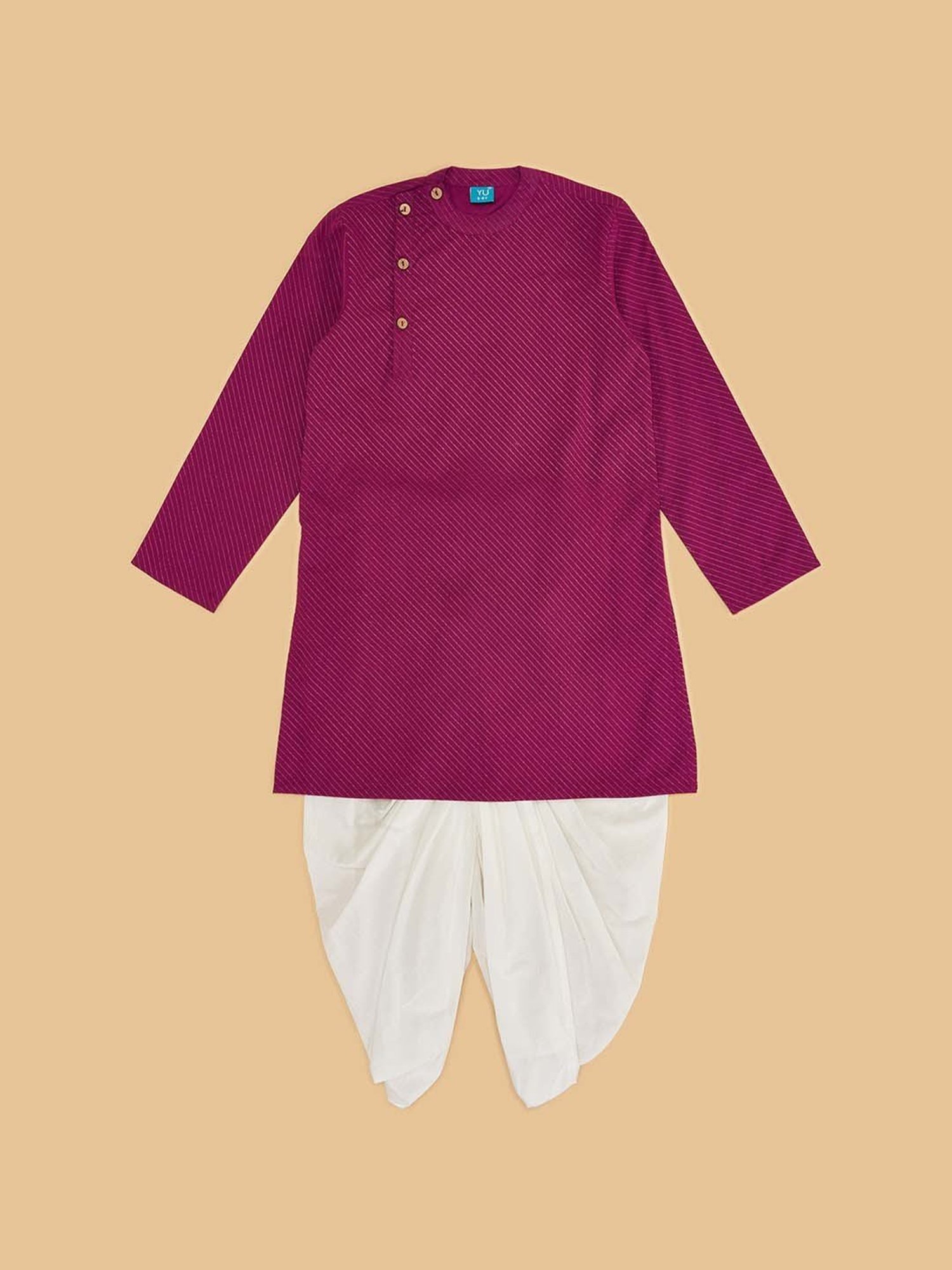 YU by Pantaloons Kids Wine & White Cotton Self Pattern Full Sleeves Kurta Set