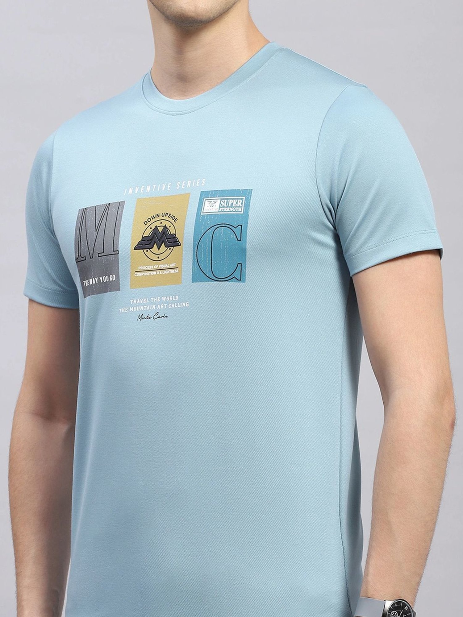 Monte Carlo Sky Blue Regular Fit Printed T-Shirt