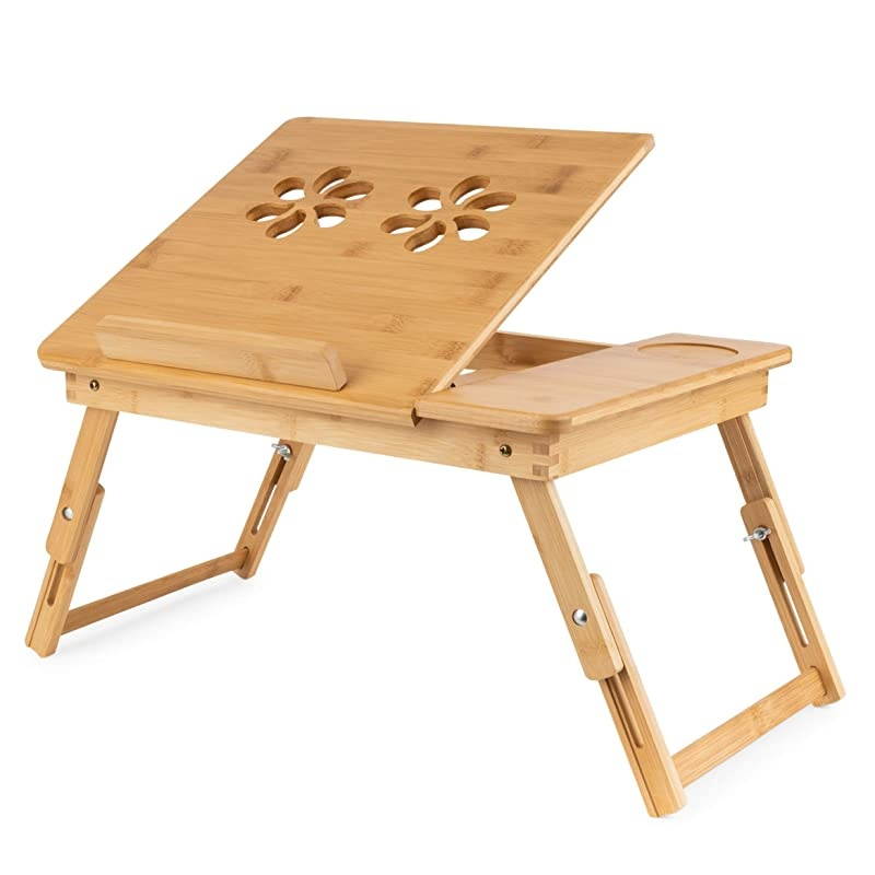 Bed Tray Table and Laptop Desk (Bamboo) Tilting Surface for Reading, Tablets, Serving, and Eating Food | Lap Desk with Adjustable Legs | Kids, Adults