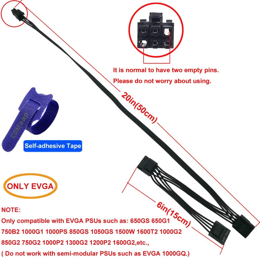 COMeap 6 Pin to 3X 4 Pin Molex Hard Drive Power Adapter Cable for Some Types of EVGA Modular PSUs 20-in(50cm)