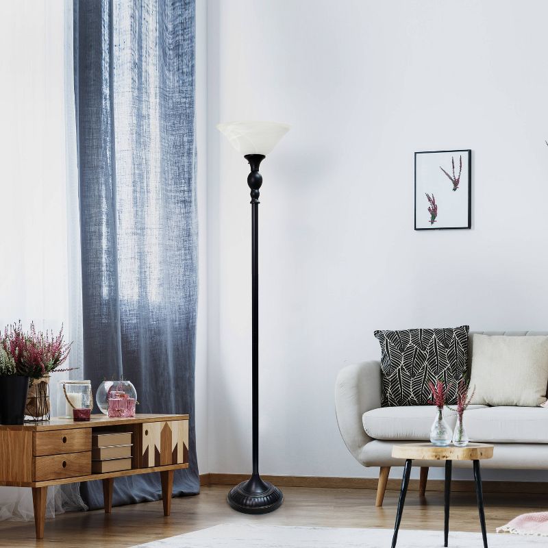 1 Light Restoration Torchiere Floor Lamp with Marbleized Glass Shade Bronze - Elegant Designs