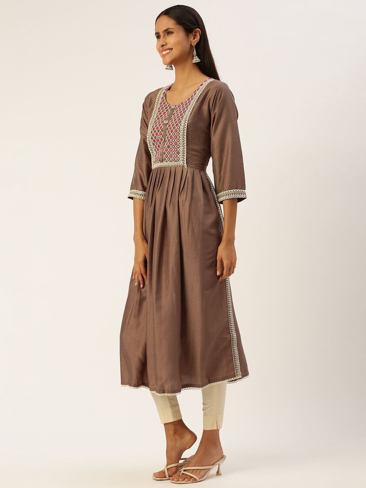 SHANVIKA Brown Embroidered Cotton Silk Straight Kurta
