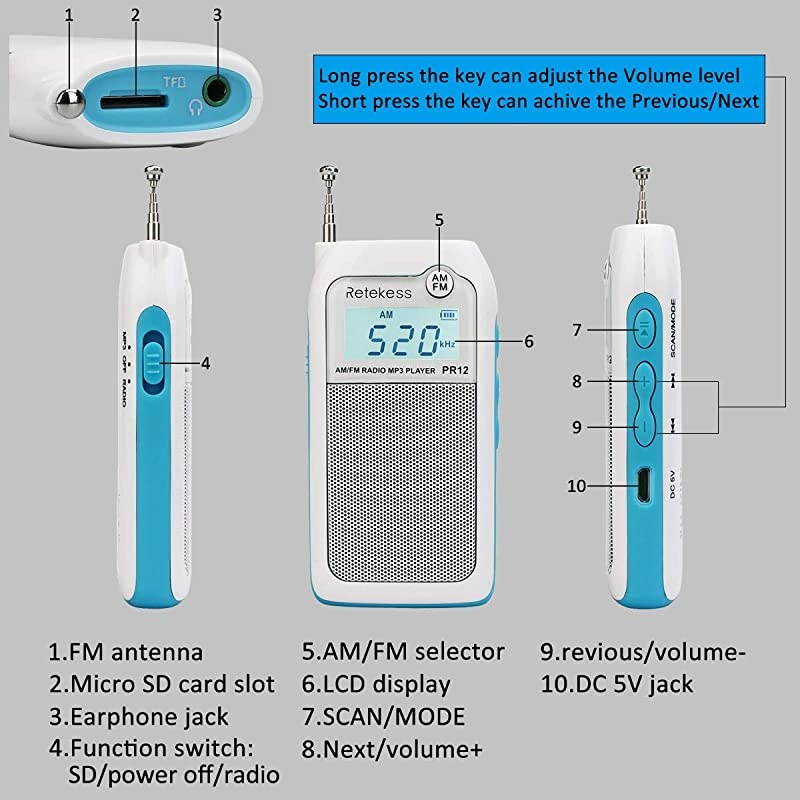 PR12 Portable Pocket Radio AM FM, Small Personal Radio, Digital AM FM Radio with Headphone Socket and Clear Display for Walking (White)
